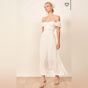 Reformation Off-Shoulder White Midi Dress